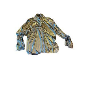 Metallic Silver Tess Polyester Long-Sleeve Blouse Size 8